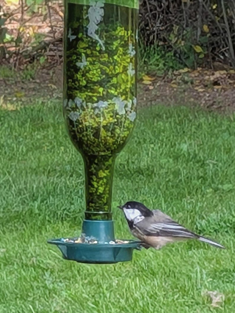 May include: A green glass bottle bird feeder with a dark green plastic base and tray. The bottle features etched white silhouettes of fairies and butterflies. A small bird with a black head, white cheeks, and grey wings perches on the tray.