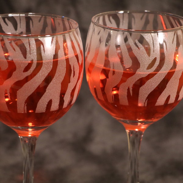 Zebra or Tiger Print Etched Red Wine glasses Set Of 2