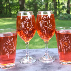 Horse Etched White Wine or Pub Glasses Set Of 2
