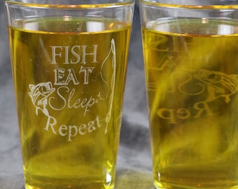 Fish, Eat, sleep, repeat Etched Pub Glasses Set Of 2