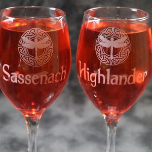 Sassenach and/or Highlander Dragonfly Celtic circle Outlander inspired  Etched Wine Glasses  White wine Single or Set Of 2
