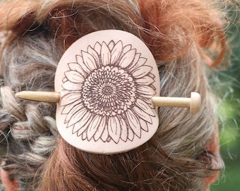 Sunflower Daisy Leather Hair cuff with stick, barrette, hair accessory