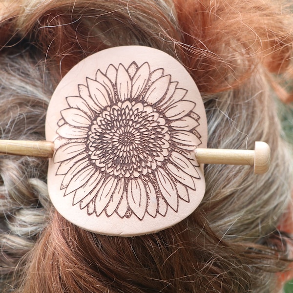 Sunflower Daisy Leather Hair cuff with stick, barrette, hair accessory