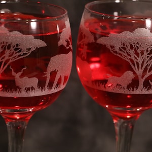Safari mural Etched Wine Glasses Red wine, White wine, Stemless, Pub or Rocks Set Of 2