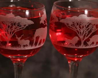 Safari mural Etched Wine Glasses Red wine, White wine, Stemless, Pub or Rocks Set Of 2