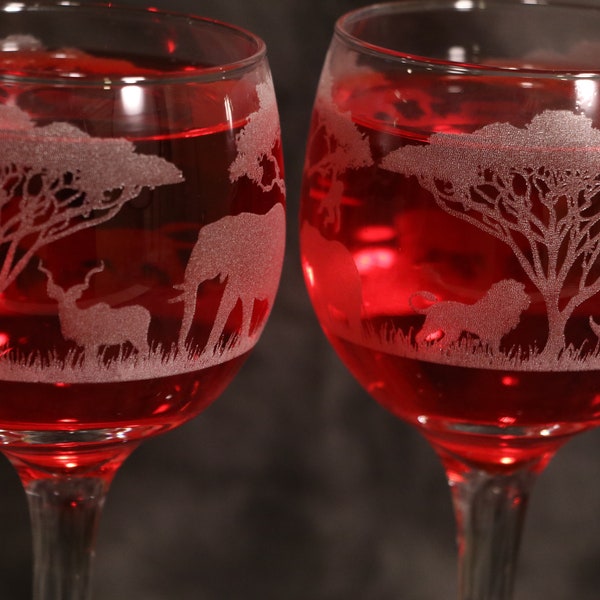 Safari mural Etched Wine Glasses Red wine, White wine, Stemless, Pub or Rocks Set Of 2