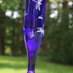 NEW ETCHED Dragonflies Recycled Wine bottle Hummingbird feeder in Clear, Blue or Green image 6