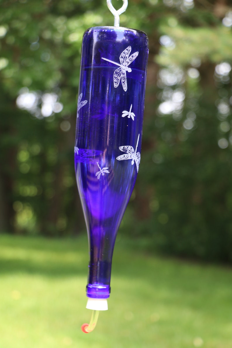 NEW ETCHED Dragonflies Recycled Wine bottle Hummingbird feeder in Clear, Blue or Green image 6