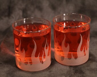 Flame Etched Rocks Glasses Single glass or Set Of 2