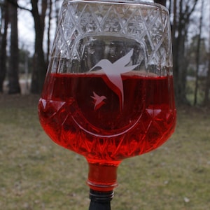 May include: A clear glass hummingbird feeder with a diamond-cut pattern filled with red liquid. The feeder features a white etched graphic of two hummingbirds and is suspended by a silver metal eye bolt attached to the base of the glass vessel.