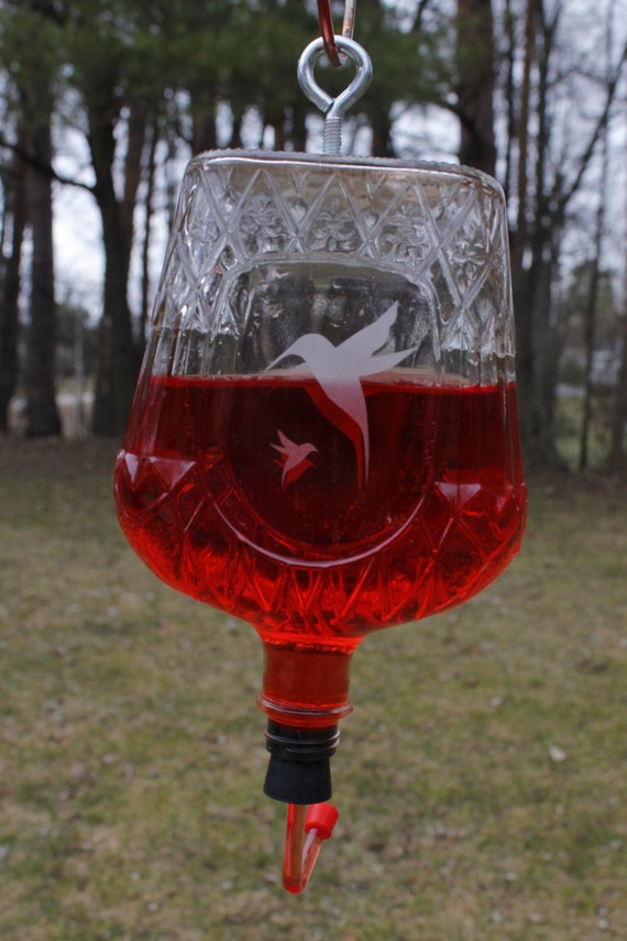 Etched Hummingbird Feeder from recycled Crown Royal 750 or 375ml