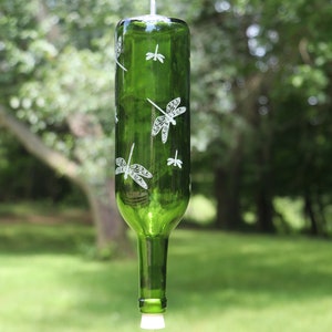 NEW ETCHED Dragonflies Recycled Wine bottle Hummingbird feeder in Clear, Blue or Green image 5