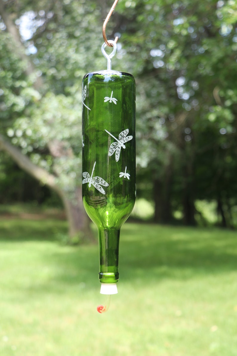 NEW ETCHED Dragonflies Recycled Wine bottle Hummingbird feeder in Clear, Blue or Green image 5