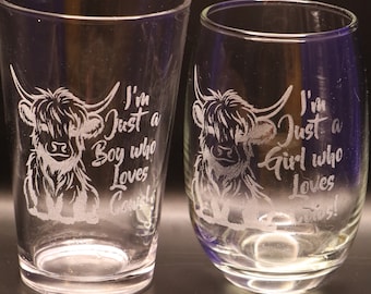 Higland cow "I'm just a Girl/Boy who loves cows" Etched Wine, Stemless Wine, or Pub Glasses Set Of 2 or Single