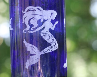 NEW ETCHED Mermaid and seashells Recycled Wine bottle hummingbird or  bird feeder