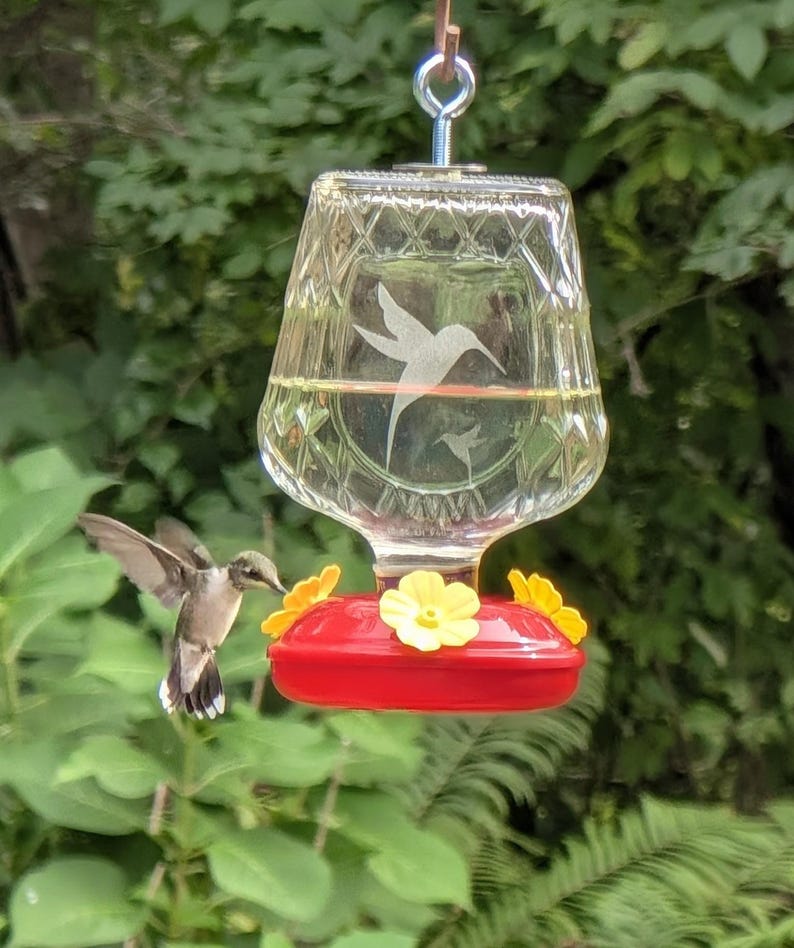 May include: A clear glass hummingbird feeder with a diamond-cut pattern and an etched hummingbird design. The feeder has a bright red base with three yellow flower-shaped feeding ports and is suspended by a metal hook from a silver eye bolt.