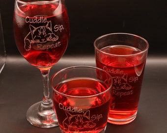 Cat Lover "Cuddle, Sip, Repeat" Etched Wine, Stemless Wine, or Pub Glasses Set Of 2 or Single