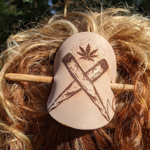 Hippie themed Natural Leather Hair cuff with stick, barrette, hair accessory