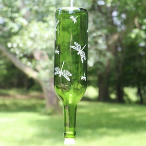 NEW ETCHED Dragonflies Recycled Wine bottle Hummingbird feeder in Clear, Blue or Green image 4