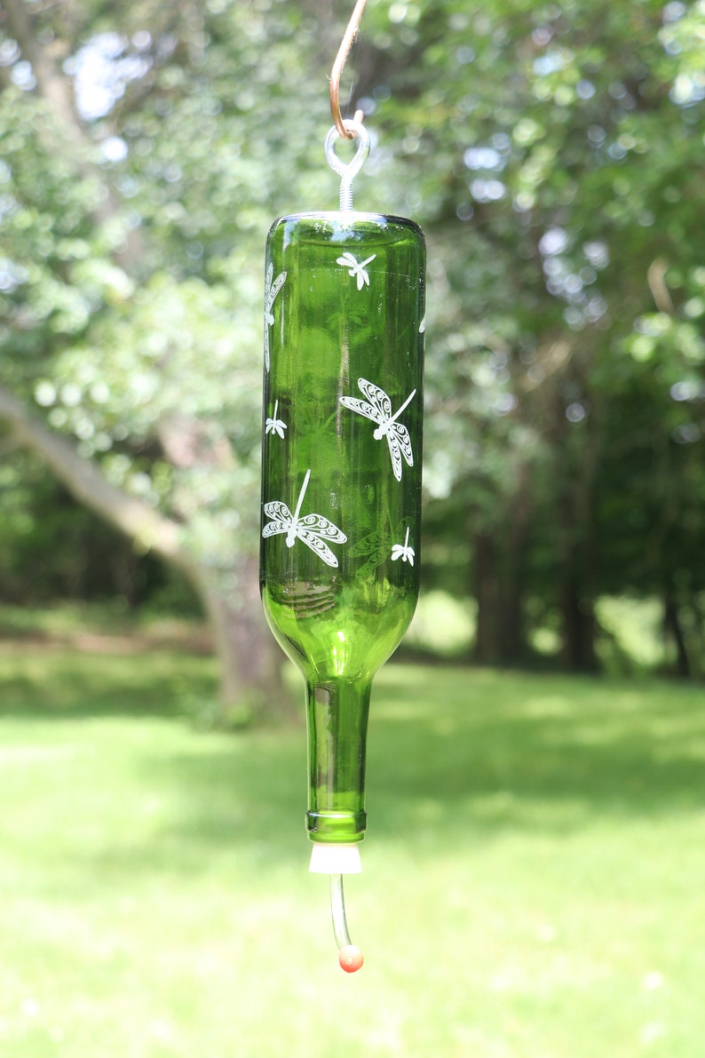 NEW ETCHED Dragonflies Recycled Wine bottle Hummingbird feeder in Clear, Blue or Green image 4