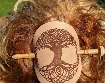 Celtic Tree of Life themed Natural Leather Hair cuff with stick, barrette, hair accessory