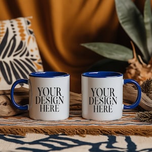 Blue Accent Mug Mockup: 11oz Ceramic Boho Mug (JPG Digital Download)