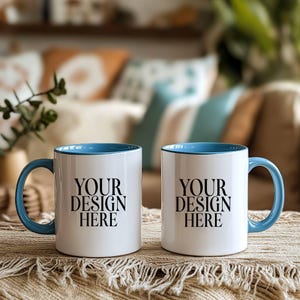Blue Accent Mug Mockup: 11oz Ceramic Mug, Boho Style (JPG Download)