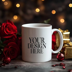 Valentine&#39;s Day Mug Mockup White Coffee Cup, 11oz White Ceramic Mug Mockup, Valentine&#39;s Background Photo, Instant Digital Download