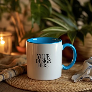 Blue Accent Mug Mockup: 11oz Ceramic Coffee Cup, Boho Style (JPG Digital Download)