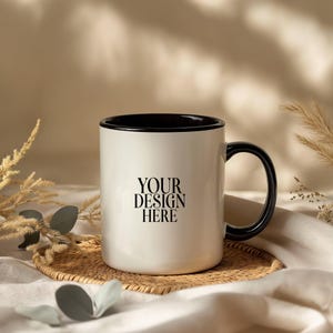 Black Handle Mug Mockup, 11oz White Coffee Mug Mockup, White Ceramic Mug Mockups, Boho Aesthetic Photo Template, JPG Instant Download