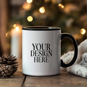 White Mug Mockup with Black Handle Model Bundle | 11 oz Christmas White Ceramic Coffee Cup Styled Stock Photo | JPG Digital Image