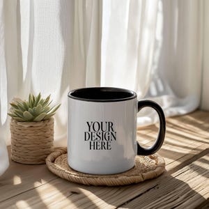 Black Handle Mug Mockup, 11oz White Coffee Mug Mockup, White Ceramic Mug Mockups, Boho Aesthetic Photo Template, JPG Instant Download