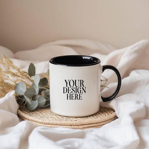 Black Handle Mug Mockup, 11oz White Coffee Mug Mockup, White Ceramic Mug Mockups, Boho Aesthetic Photo Template, JPG Instant Download