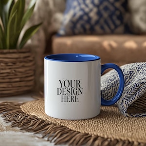 Blue Accent Mug Mockup: 11oz Ceramic Coffee Cup (JPG Digital Download)