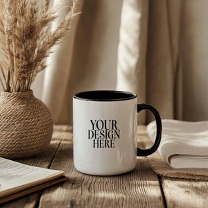 Black Handle Mug Mockup, 11oz White Coffee Mug Mockup, White Ceramic Mug Mockups, Boho Aesthetic Photo Template, JPG Instant Download