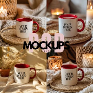 4 Red Mug Mockup Bundle 11oz Red Accent Coffee Mug Mockup White Mug with Red Handle Blank Ceramic Coffee Cup Mockup JPG Instant Download