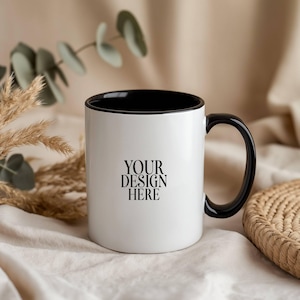 Black Handle Mug Mockup, 11oz White Coffee Mug Mockup, White Ceramic Mug Mockups, Boho Aesthetic Photo Template, JPG Instant Download