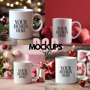 4 Valentinstag Becher Mockup Bundle Weiße Kaffeetasse, 11 Unze weiße Keramikbecher Mockup, Weihnachten Hintergrundfoto, sofortiger digitaler Download