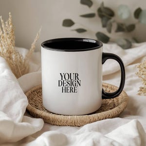 Black Handle Mug Mockup, 11oz White Coffee Mug Mockup, White Ceramic Mug Mockups, Boho Aesthetic Photo Template, JPG Instant Download