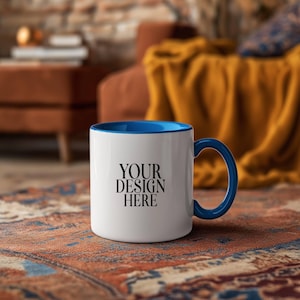 Blue Accent Mug Mockup: 11oz Ceramic Coffee Cup (JPG Digital Download)