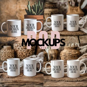 4 Boho Duo 11oz Ceramic White Mug Mockups, Two White Coffee Mug Mockup, Coffee Cup Mock Up Photo Template, Instant Digital Download