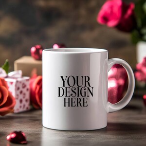 Valentinstag Becher Mockup Weiße Kaffeetasse, 11 Unze weiße Keramikbecher Mockup, Valentinstag Hintergrundfoto, sofortiger digitaler Download