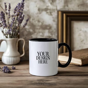 Black Handle Mug Mockup, 11oz White Coffee Mug Mockup, White Ceramic Mug Mockups, Boho Aesthetic Photo Template, JPG Instant Download