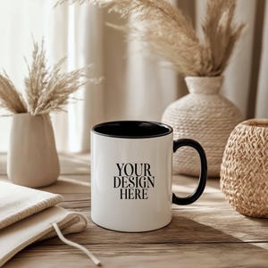 Black Handle Mug Mockup, 11oz White Coffee Mug Mockup, White Ceramic Mug Mockups, Boho Aesthetic Photo Template, JPG Instant Download