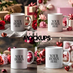 4 Valentinstag Becher Mockup Bundle Weiße Kaffeetasse, 11 Unze weiße Keramikbecher Mockup, Valentinstag Hintergrundfoto, sofortiger digitaler Download