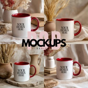 4 Red Mug Mockup Bundle 11oz Red Accent Coffee Mug Mockup White Mug with Red Handle Blank Ceramic Coffee Cup Mockup JPG Instant Download