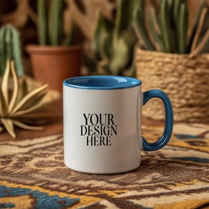 Blue Accent Mug Mockup: 11oz Ceramic Coffee Cup (JPG Digital Download)