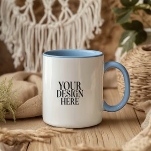 Blue Accent Mug Mockup: 11oz Ceramic Coffee Cup, Boho Style (JPG Digital Download)