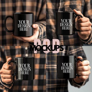 4 Black Mug Mockup Bundle, 11oz Black Mug Mockup, Man Holding Black Coffee Cup, Father Day Dad Mug Photo Mock Up Digital Download