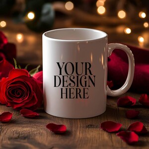 Valentine&#39;s Day Mug Mockup White Coffee Cup, 11oz White Ceramic Mug Mockup, Valentine&#39;s Background Photo, Instant Digital Download